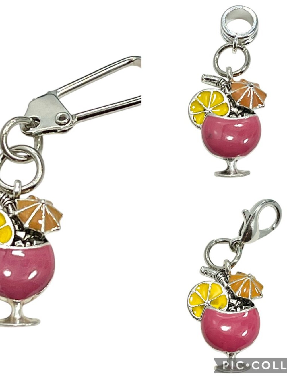 Tropical Fruit Drink Clip on Charm Zipper Pull Bag Charm Pink Yellow Enamel Cute